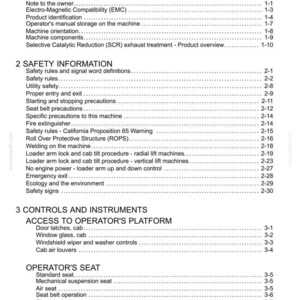 May include: A detailed table of contents from a manual, with headings such as "General Information," "Safety Information," and "Controls and Instruments." The text is black on a white background, with page numbers on the right.