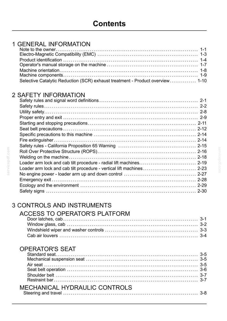 May include: A detailed table of contents from a manual, with headings such as "General Information," "Safety Information," and "Controls and Instruments." The text is black on a white background, with page numbers on the right.