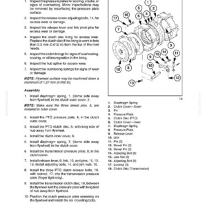 K&ouml;nnte beinhalten: Diagramm einer Kupplungsbaugruppe mit nummerierten Teilen, einschlie&szlig;lich Druckplatten, Scheiben und Federn. Text enth&auml;lt Inspektions- und Montageanweisungen, mit Ma&szlig;en in mm.