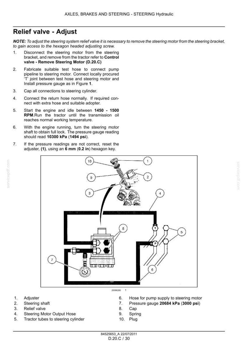 May include: Diagram of a hydraulic steering system with labels for components like the adjuster, steering shaft, relief valve, and pressure gauge. Includes text instructions for adjusting the relief valve and pressure readings.