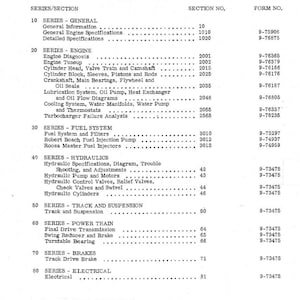 May include: A black and white document titled "980 Excavator Table of Contents." The document lists various sections and subsections, including engine, fuel system, and hydraulics, with corresponding section numbers and form numbers.