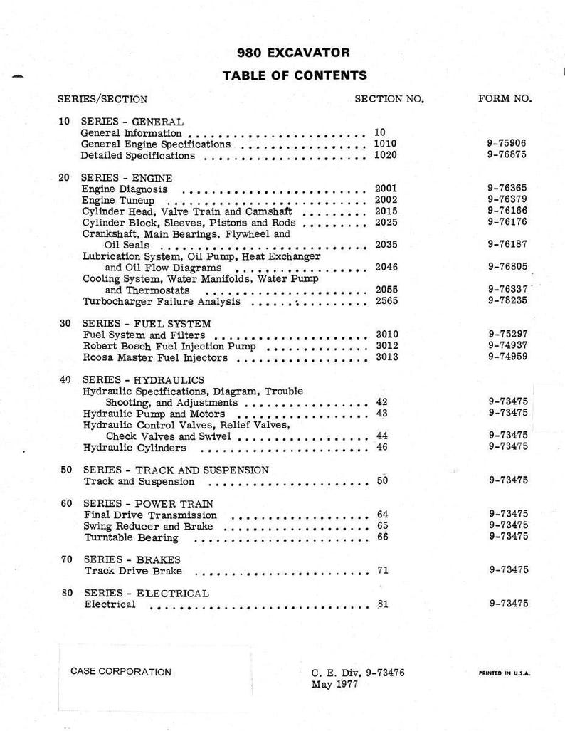 May include: A black and white document titled "980 Excavator Table of Contents." The document lists various sections and subsections, including engine, fuel system, and hydraulics, with corresponding section numbers and form numbers.