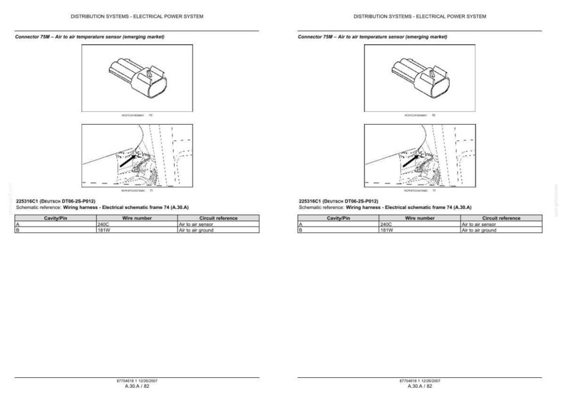 May include: A technical document page titled Distribution Systems - Electrical Power System, featuring a diagram of a Connector 75M air to air temperature sensor, a wiring harness schematic, and a table listing Cavity/Pin, Wire number, and Circuit reference.