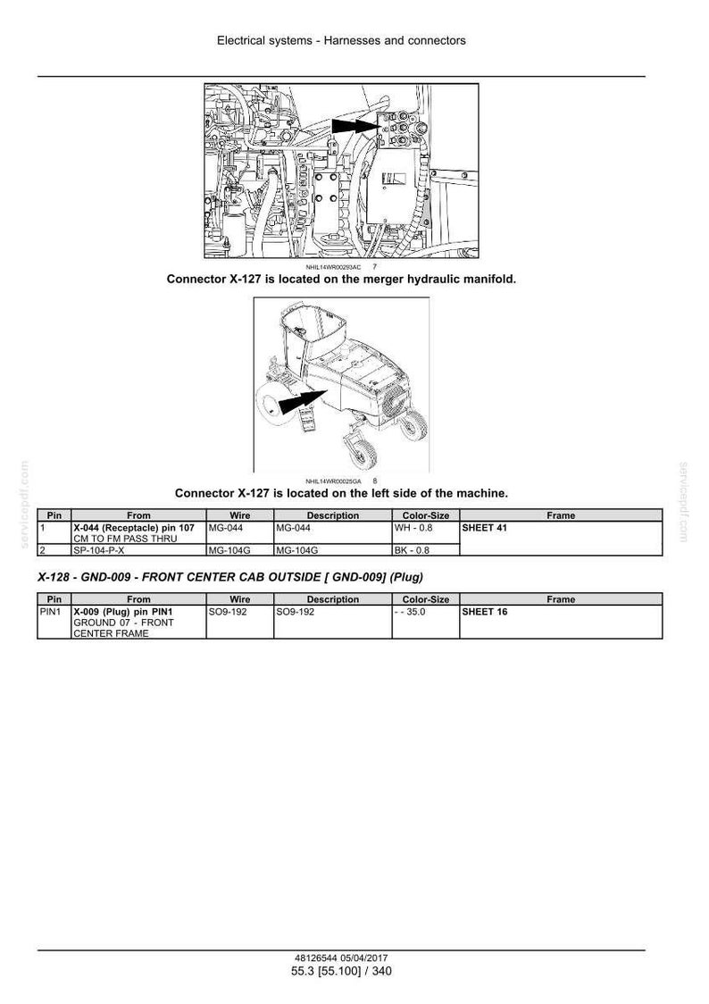 May include: Diagram of electrical systems, harnesses, and connectors. Includes illustrations of machine components and a table detailing pin connections, wire specifications, and color-size information. Text includes "Connector X-127" and "X-128-GND-009".