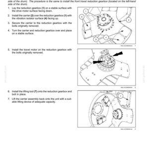 Puede incluir: Diagrama de instalaci&oacute;n de un engranaje reductor de viaje. La imagen muestra instrucciones detalladas con pasos numerados y etiquetas para componentes como el engranaje reductor, el soporte y el motor de viaje. Para un sistema hidr&aacute;ulico.