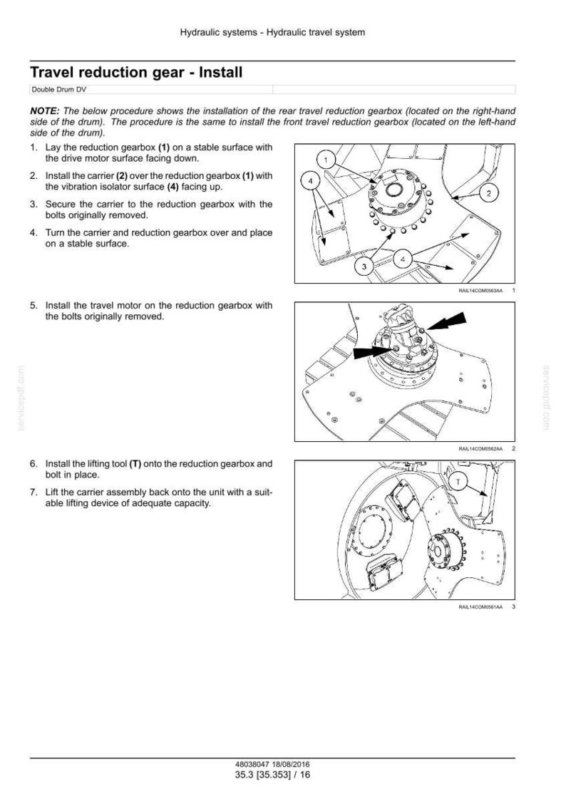 Puede incluir: Diagrama de instalaci&oacute;n de un engranaje reductor de viaje. La imagen muestra instrucciones detalladas con pasos numerados y etiquetas para componentes como el engranaje reductor, el soporte y el motor de viaje. Para un sistema hidr&aacute;ulico.