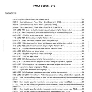 May include: A diagnostic document titled "Electrical systems - 55" with a list of fault codes (DTC). The document includes a table of contents and a detailed list of diagnostic trouble codes, with page numbers.