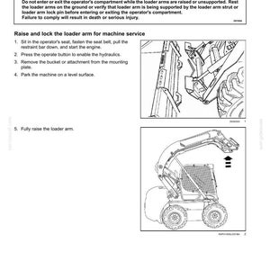 May include: Diagram illustrating the loader arm lock and cab tilt procedure for vertical lift machines. The image provides safety information and instructions for raising and locking the loader arm for service. The diagram shows a detailed illustration of the machine.