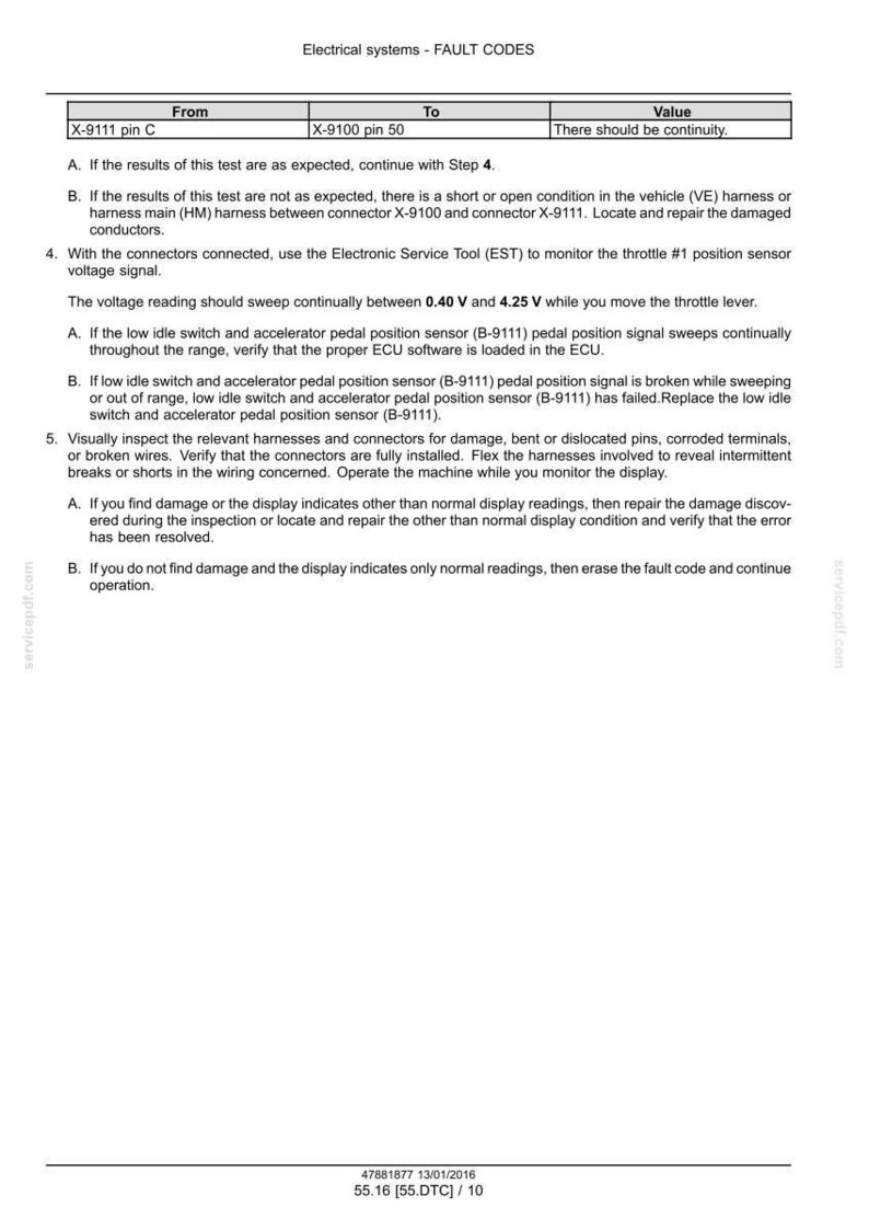 Pu&ograve; includere: Un documento tecnico intitolato "Electrical systems - FAULT CODES" con una tabella che dettaglia i codici di errore, comprese le colonne "Da", "A" e "Valore". Vengono fornite istruzioni per la risoluzione dei problemi elettrici, comprese le letture di tensione e le ispezioni dei connettori.