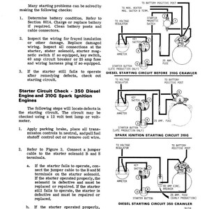 Op de afbeelding: Diagram van een startcircuit met labels en bedradingsschema's. Bevat secties over algemene inspectie, dieselmotorcircuits en vonkontstekingscircuits. Tekst bevat probleemoplossingsstappen en componentidentificatie.