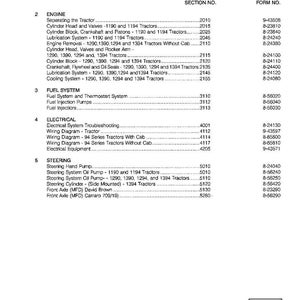 May include: A printed table of contents for tractors, listing engine, fuel system, electrical, and steering components. The document includes section numbers and form numbers. The text is in black on a white background.