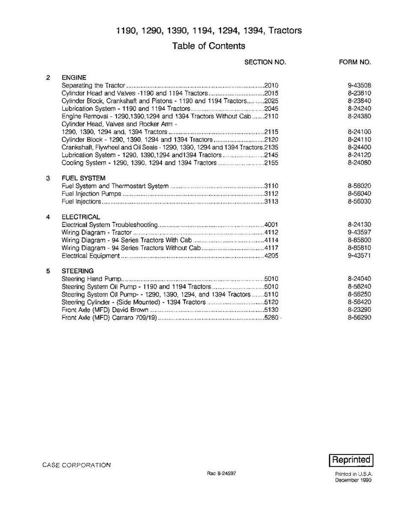 May include: A printed table of contents for tractors, listing engine, fuel system, electrical, and steering components. The document includes section numbers and form numbers. The text is in black on a white background.