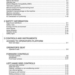 May include: A white document page with the title "Contents" at the top. The document lists sections such as "General Information", "Safety Information", and "Controls and Instruments", with page numbers.