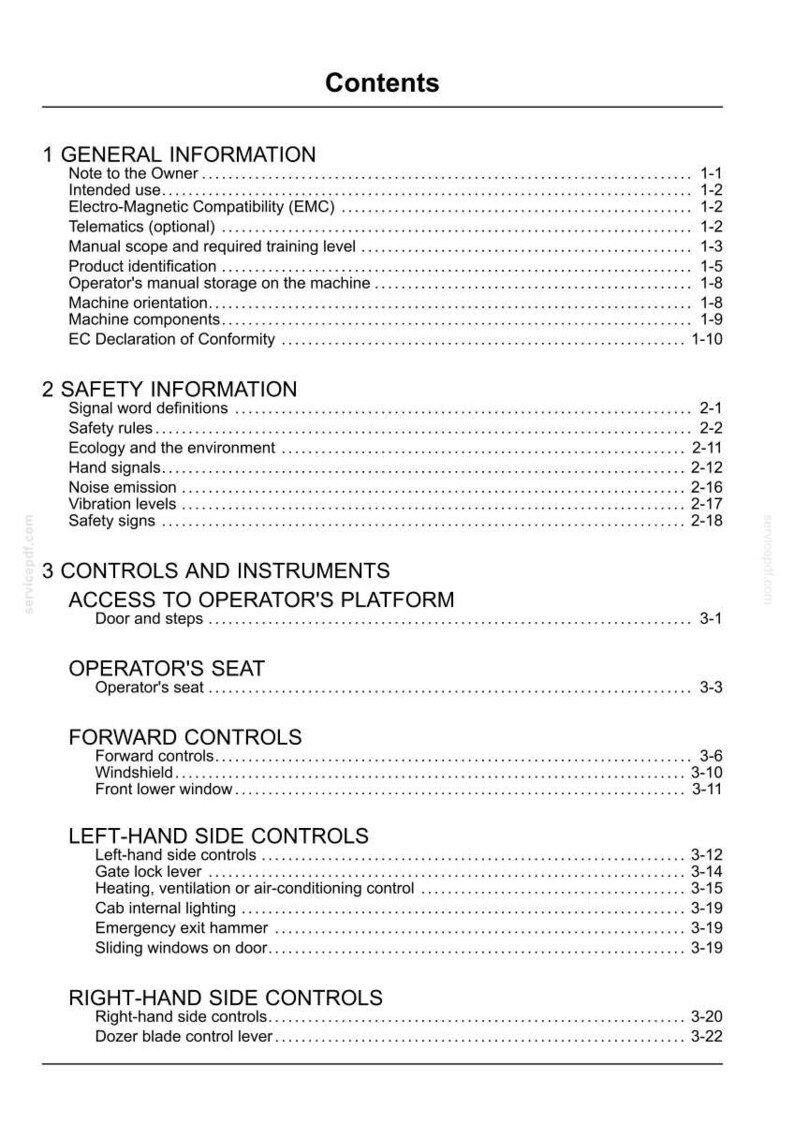May include: A white document page with the title "Contents" at the top. The document lists sections such as "General Information", "Safety Information", and "Controls and Instruments", with page numbers.