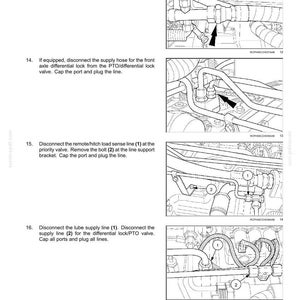 May include: Technical diagram illustrating a rear axle system, detailing procedures for disconnecting various lines and valves. The image features clear illustrations with numbered labels and arrows. Text provides step-by-step instructions for maintenance and repair.