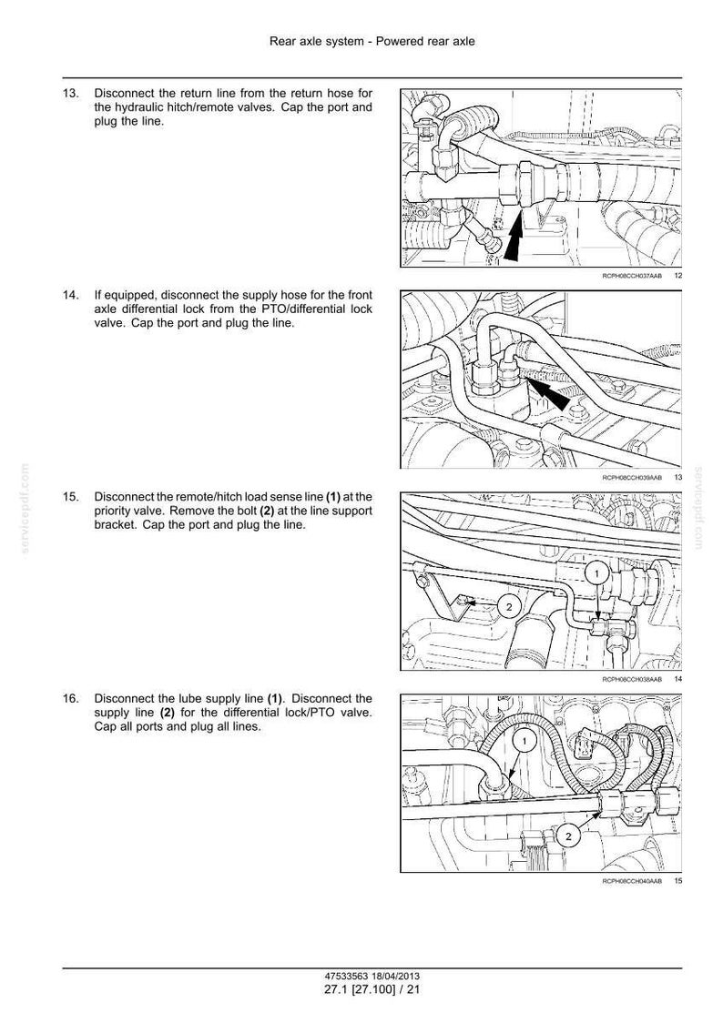 May include: Technical diagram illustrating a rear axle system, detailing procedures for disconnecting various lines and valves. The image features clear illustrations with numbered labels and arrows. Text provides step-by-step instructions for maintenance and repair.