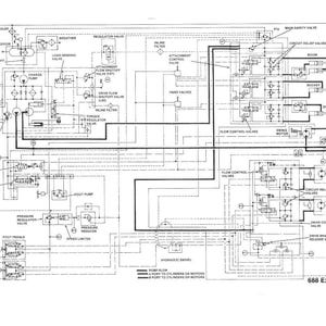 May include: Detailed schematic diagram of a 688 Excavator's hydraulic system. The black and white diagram shows various components, including valves, pumps, and motors, interconnected by lines representing fluid flow. Text labels identify each part.