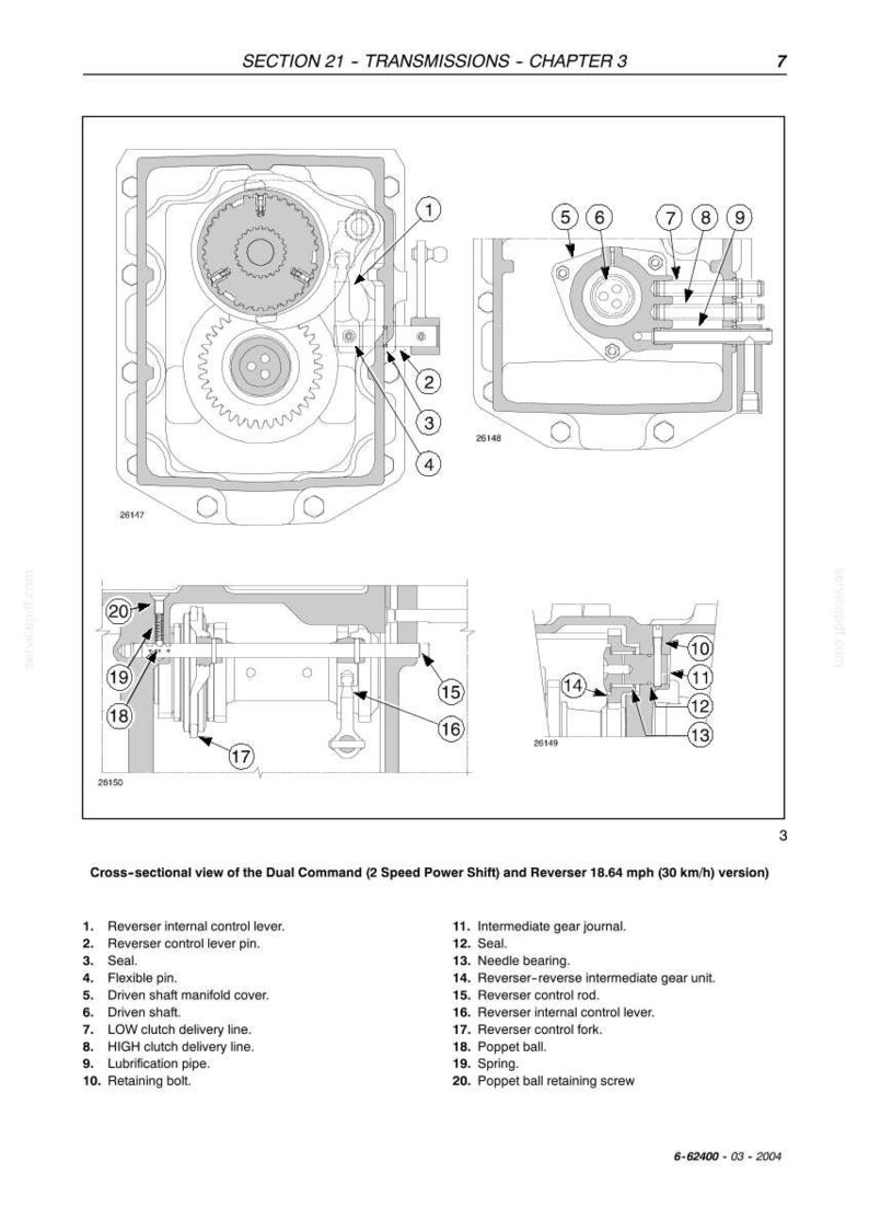 May include: Diagram of a transmission system with labeled components. The cross-sectional view shows gears, levers, and lines, with a detailed breakdown of parts like the reverser control lever and retaining bolt. The text reads "SECTION 21 - TRANSMISSIONS - CHAPTER 3".