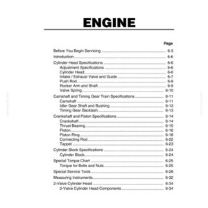 May include: A page from a Yanmar TNV DI Service Manual, titled "Section 6 ENGINE." The white page features a table of contents with various engine-related specifications, including cylinder head, crankshaft, and piston details. The Yanmar logo is at the bottom.