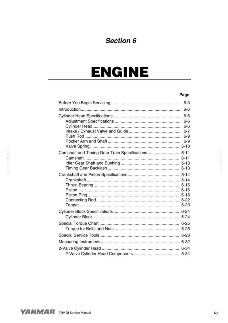 May include: A page from a Yanmar TNV DI Service Manual, titled "Section 6 ENGINE." The white page features a table of contents with various engine-related specifications, including cylinder head, crankshaft, and piston details. The Yanmar logo is at the bottom.