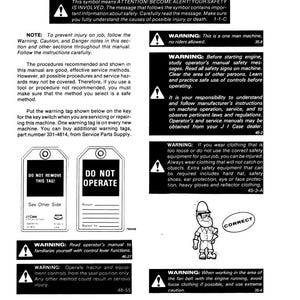 May include: A page from a safety manual with warnings and instructions. It includes text about machine operation, safety equipment, and the importance of following safety rules. Features warning tags and a cartoon figure.