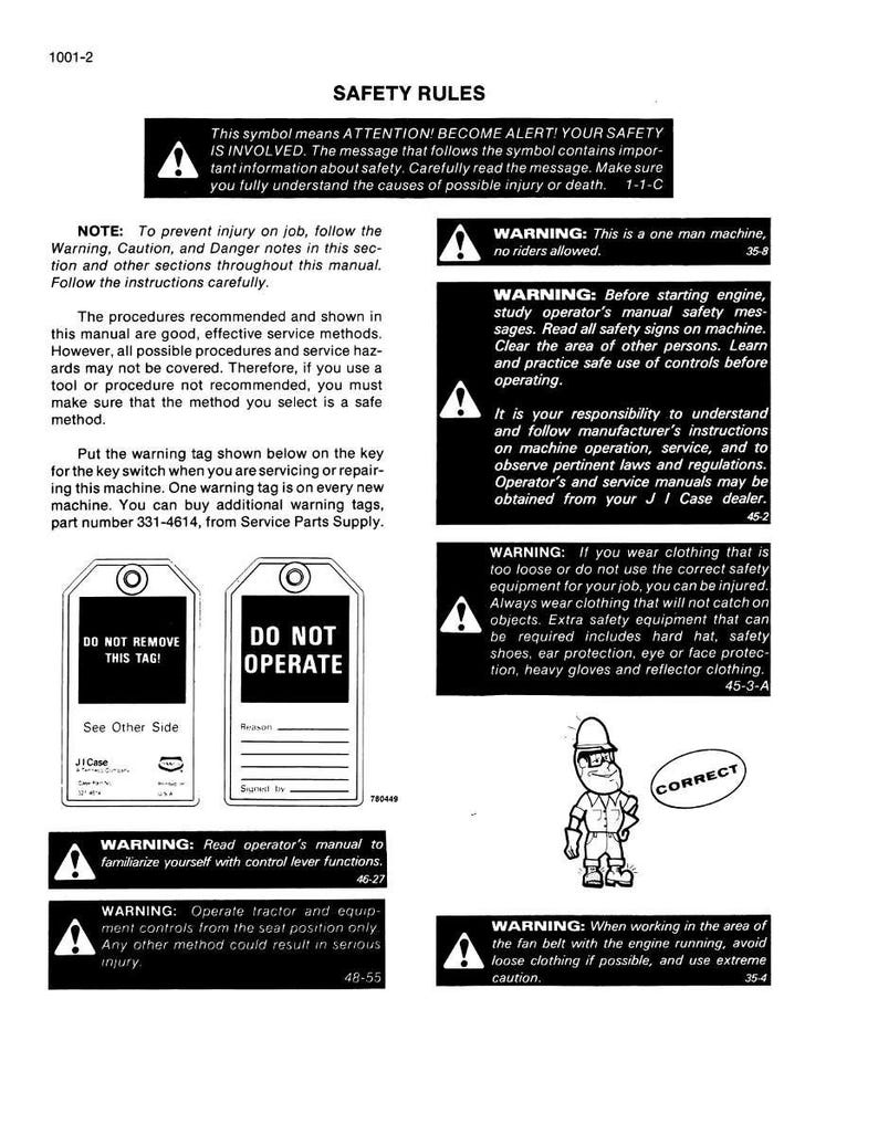 May include: A page from a safety manual with warnings and instructions. It includes text about machine operation, safety equipment, and the importance of following safety rules. Features warning tags and a cartoon figure.