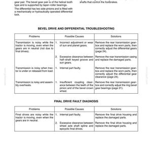 May include: Page 12 from a manual, titled "SECTION 27 - REAR MECHANICAL DRIVE - CHAPTER 1." It includes sections on description, operation, and troubleshooting for bevel drives and final drive fault diagnosis. Text is in black on a white background.