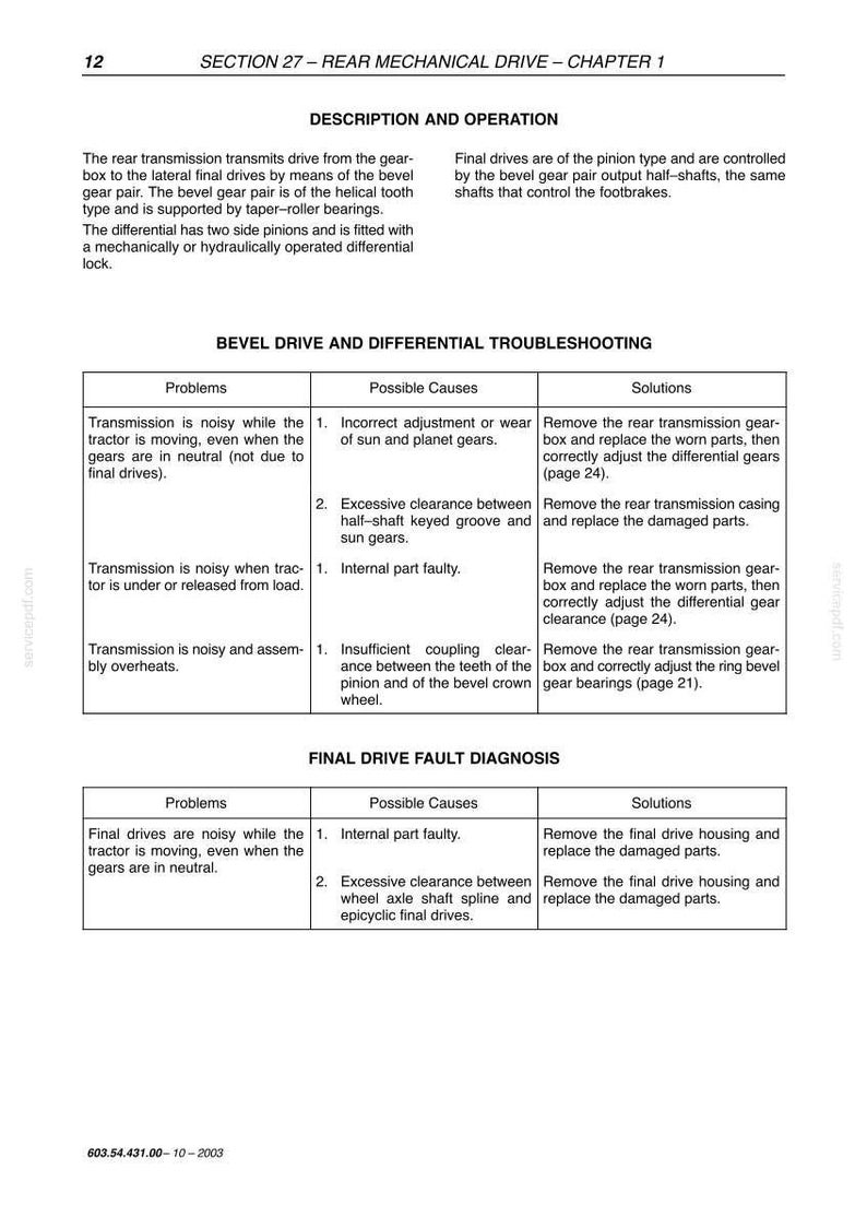 May include: Page 12 from a manual, titled "SECTION 27 - REAR MECHANICAL DRIVE - CHAPTER 1." It includes sections on description, operation, and troubleshooting for bevel drives and final drive fault diagnosis. Text is in black on a white background.