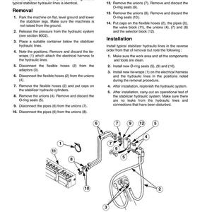 以下が含まれることがあります： セントラムウント機械用のスタビライザー油圧ラインの図。番号付きのコンポーネントと取り外しおよび取り付けの手順。フレキシブルホース、ユニオン、パイプ、バルブブロックが含まれています。テキストには手順が含まれています。