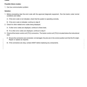 May include: A document titled "Electrical systems - FAULT CODES" with the error code 14010 - PTO controller off line. The document provides troubleshooting steps, including checking for communication problems and inspecting connectors.