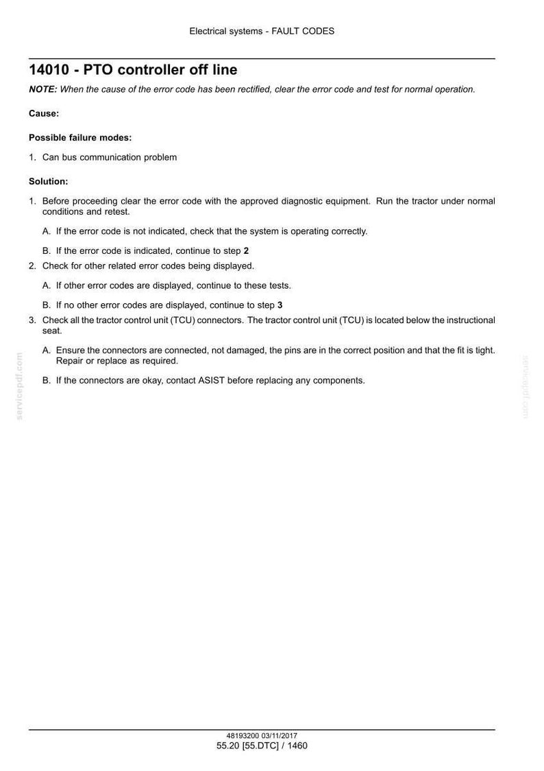 May include: A document titled "Electrical systems - FAULT CODES" with the error code 14010 - PTO controller off line. The document provides troubleshooting steps, including checking for communication problems and inspecting connectors.