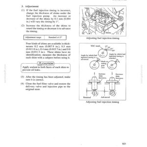May include: Diagram from a maintenance manual illustrating fuel injection timing adjustment. The image includes diagrams of the fuel injection pump, shims, and TDC mark. Text explains how to adjust the timing by changing shim thickness, with measurements in inches.