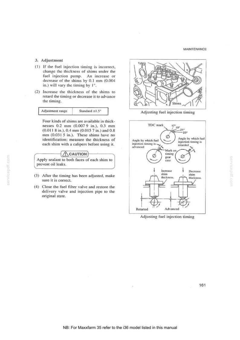 May include: Diagram from a maintenance manual illustrating fuel injection timing adjustment. The image includes diagrams of the fuel injection pump, shims, and TDC mark. Text explains how to adjust the timing by changing shim thickness, with measurements in inches.