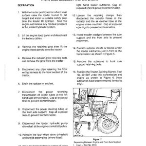 Op de afbeelding: Pagina uit een tractorreparatiehandleiding met de procedure voor het scheiden van de vooras van de motor. Bevat genummerde instructies en een gedetailleerde afbeelding.