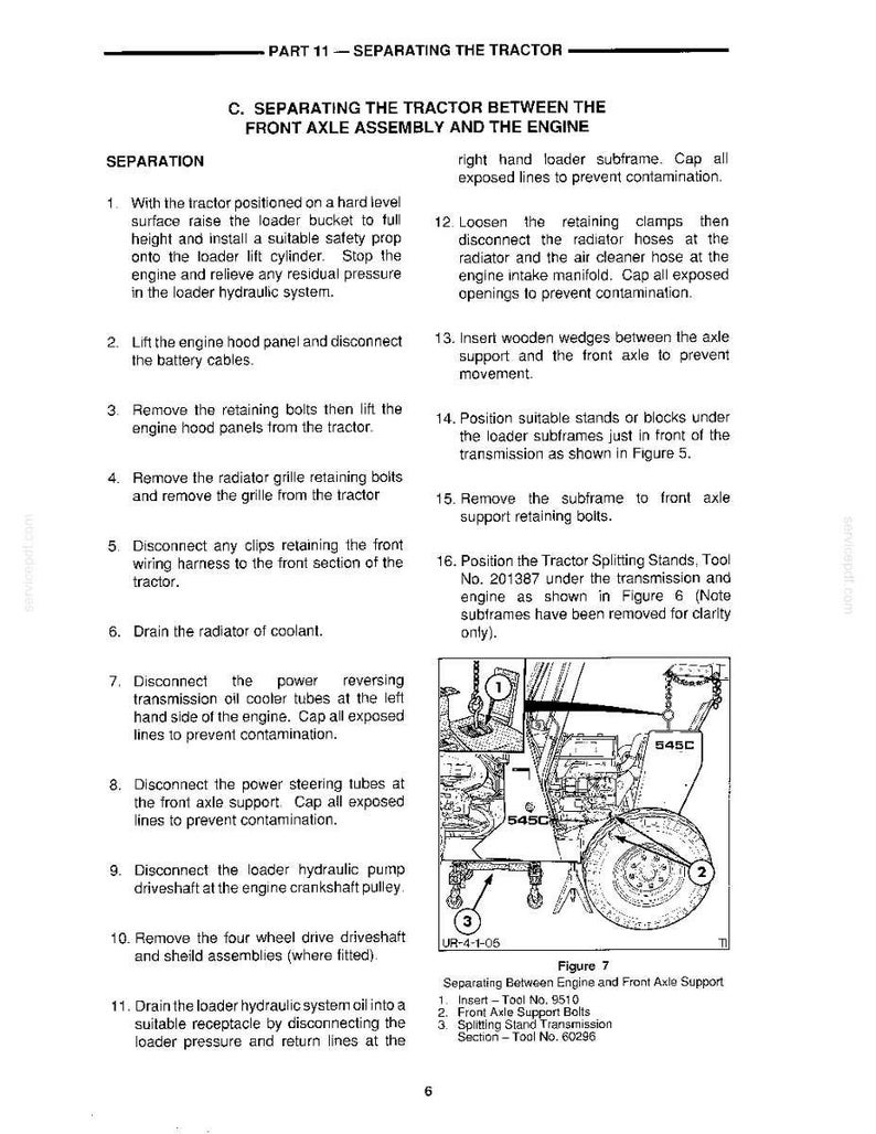 Op de afbeelding: Pagina uit een tractorreparatiehandleiding met de procedure voor het scheiden van de vooras van de motor. Bevat genummerde instructies en een gedetailleerde afbeelding.