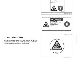 May include: Safety information graphic with three hazard warning signs. The first two warn of dust hazards, with text indicating potential for death or severe injury. The third sign warns of hard pressure hazards.