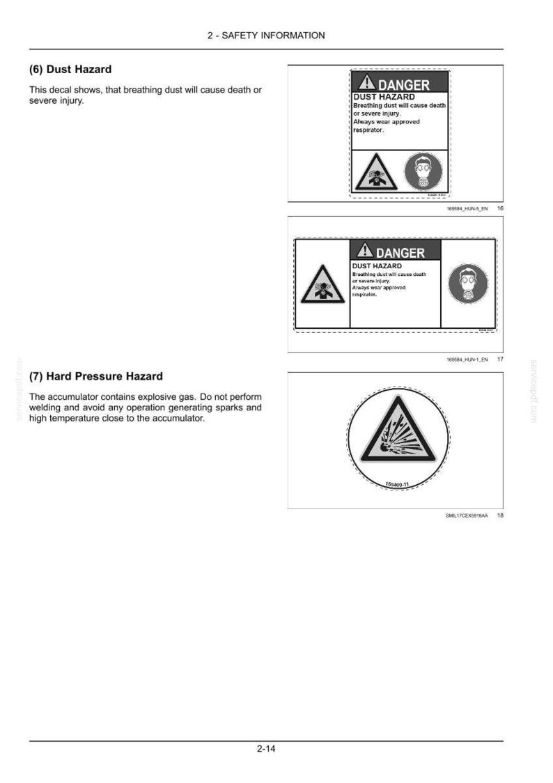May include: Safety information graphic with three hazard warning signs. The first two warn of dust hazards, with text indicating potential for death or severe injury. The third sign warns of hard pressure hazards.