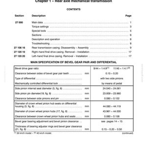 K&ouml;nnte beinhalten: Eine technische Dokumentenseite mit dem Titel Section 27 Rear Axle Mechanical Transmission. Sie enth&auml;lt ein Inhaltsverzeichnis mit Hauptdaten, Drehmomenteinstellungen und Fehlerbehebung. Eine Tabelle zeigt Spezifikationen f&uuml;r Kegelradpaare.