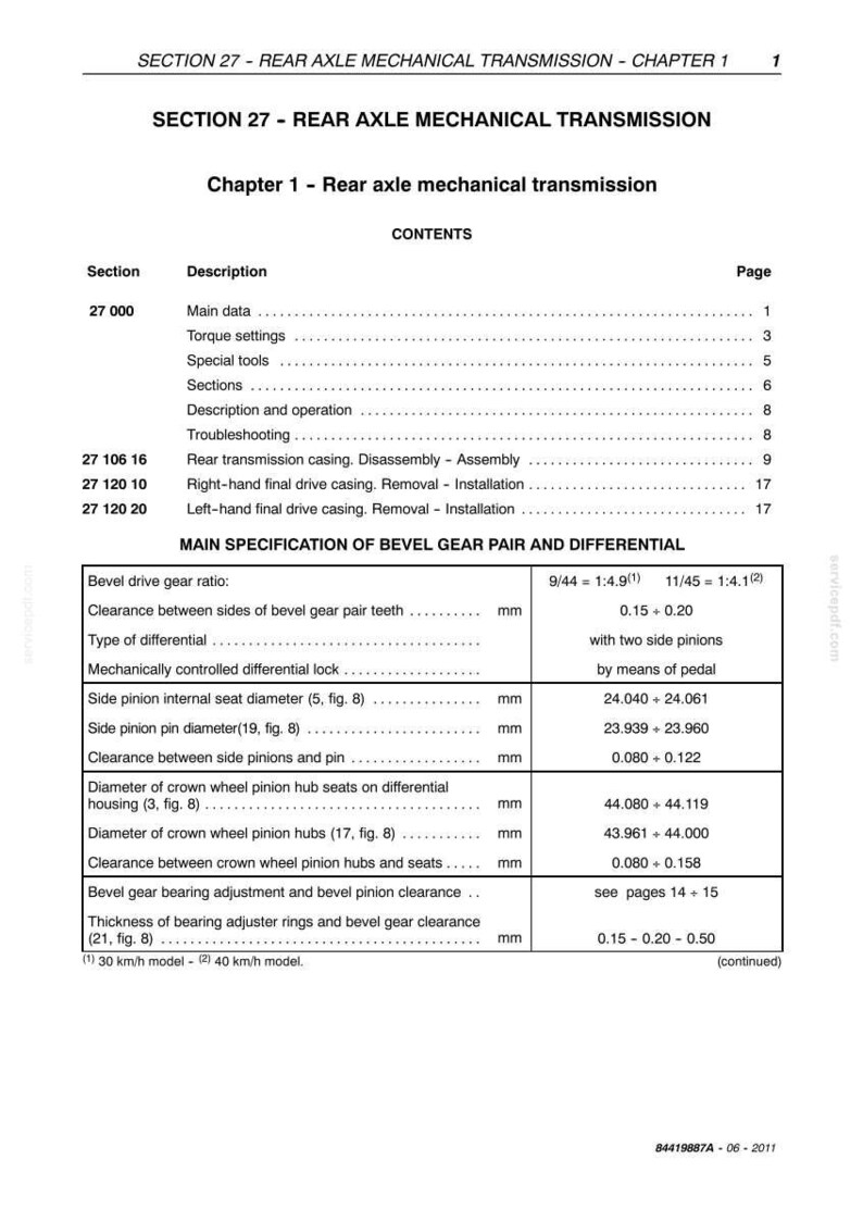 K&ouml;nnte beinhalten: Eine technische Dokumentenseite mit dem Titel Section 27 Rear Axle Mechanical Transmission. Sie enth&auml;lt ein Inhaltsverzeichnis mit Hauptdaten, Drehmomenteinstellungen und Fehlerbehebung. Eine Tabelle zeigt Spezifikationen f&uuml;r Kegelradpaare.
