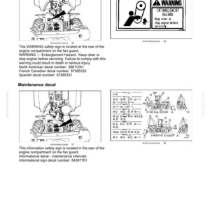 Puede incluir: Una p&aacute;gina de documento t&eacute;cnico titulada 2-SAFETY INFORMATION que muestra diagramas de maquinaria, etiquetas de advertencia de peligro de enredo y calcoman&iacute;as de mantenimiento, incluyendo instrucciones y una tabla.