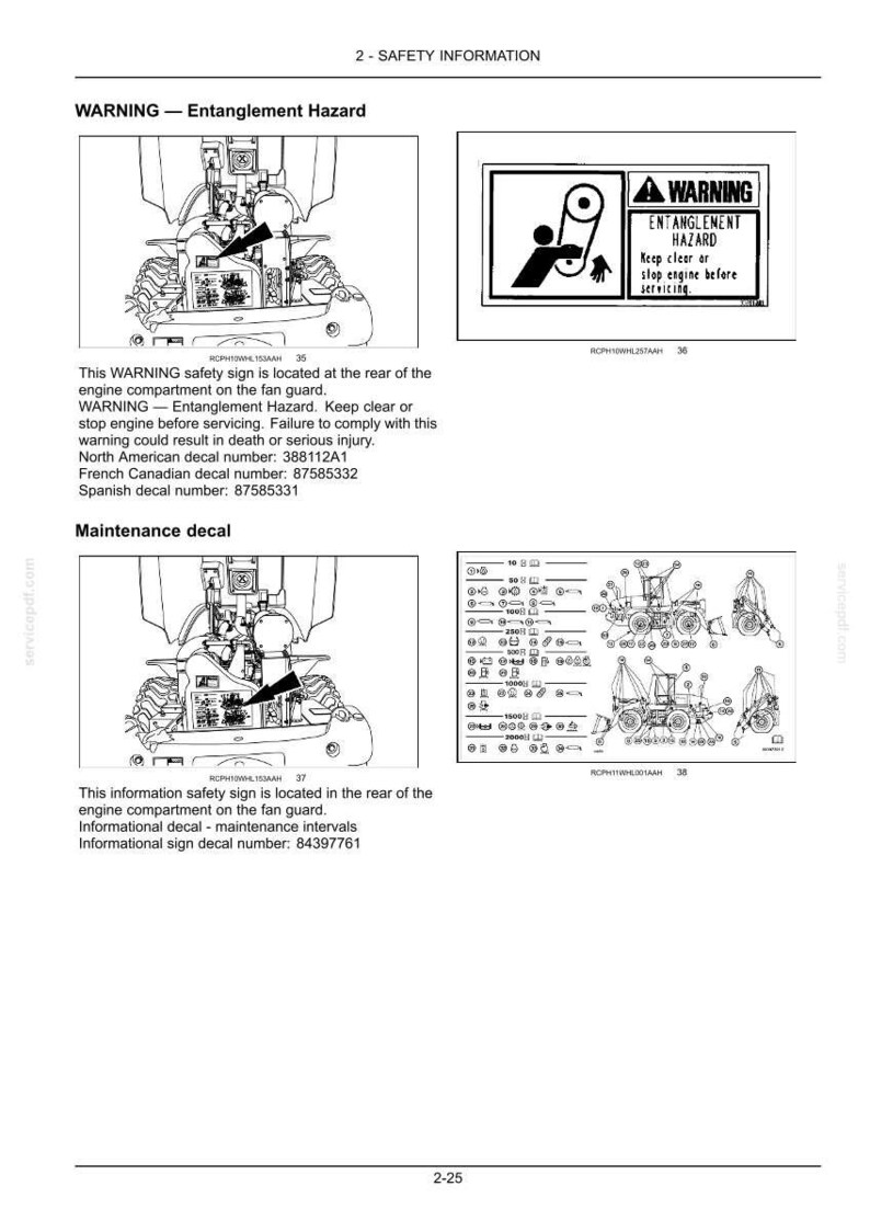 Puede incluir: Una p&aacute;gina de documento t&eacute;cnico titulada 2-SAFETY INFORMATION que muestra diagramas de maquinaria, etiquetas de advertencia de peligro de enredo y calcoman&iacute;as de mantenimiento, incluyendo instrucciones y una tabla.
