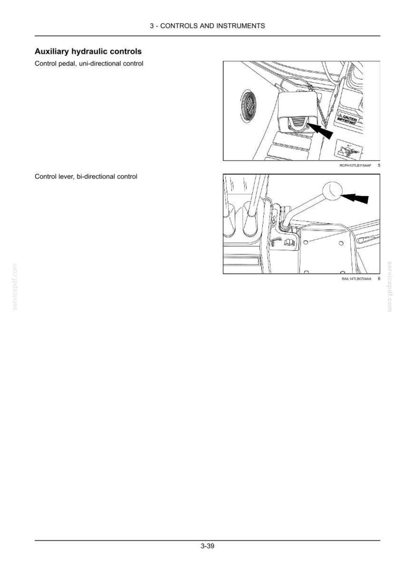 May include: Diagram of auxiliary hydraulic controls, including a control pedal and a control lever. The image is a black and white illustration with arrows pointing to the controls. Text includes "3 - CONTROLS AND INSTRUMENTS".