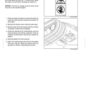 May include: A page from a maintenance manual with instructions for changing engine oil. The text includes warnings about burns and a notice about the first oil change. Diagrams and safety symbols are also included.