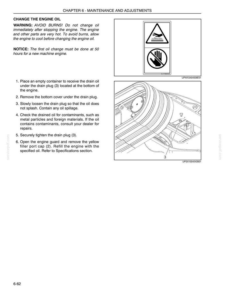 May include: A page from a maintenance manual with instructions for changing engine oil. The text includes warnings about burns and a notice about the first oil change. Diagrams and safety symbols are also included.