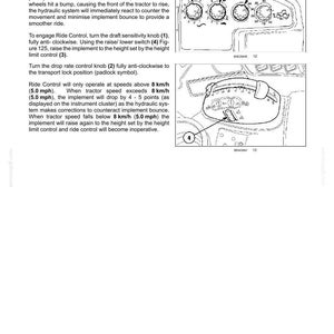 May include: A technical manual page titled 6 - WORKING OPERATIONS featuring Dynamic Ride Control. It includes two black and white line drawings of tractor control panels with numbered indicators 1 through 4 and text explaining operation.