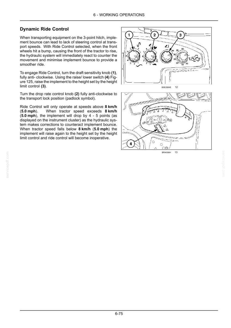 May include: A technical manual page titled 6 - WORKING OPERATIONS featuring Dynamic Ride Control. It includes two black and white line drawings of tractor control panels with numbered indicators 1 through 4 and text explaining operation.