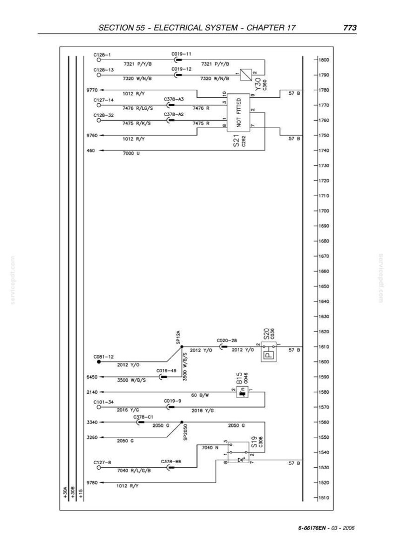 May include: Diagram of an electrical system, labeled with various codes and measurements. The diagram includes lines, boxes, and text, with the title "SECTION 55 - ELECTRICAL SYSTEM - CHAPTER 17".