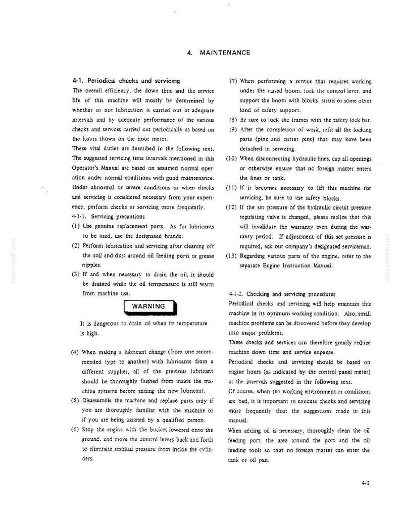 Pu&ograve; includere: Una pagina di un manuale dell'operatore intitolata 4. MANUTENZIONE, che descrive i controlli periodici e la manutenzione dei macchinari. Il testo include sezioni sulle precauzioni di manutenzione, un avviso sullo scarico dell'olio caldo.