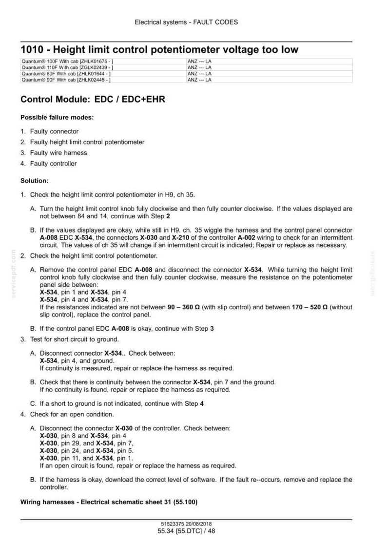 May include: A technical document with fault codes for electrical systems. The document includes troubleshooting steps for a height limit control potentiometer, detailing connector checks and resistance measurements. The document is labeled "Electrical schematic sheet 31".