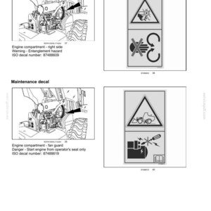 May include: Safety information page with diagrams and warnings. Includes an entanglement hazard warning with a diagram of machinery and a symbol indicating a risk. Also shows a maintenance decal.